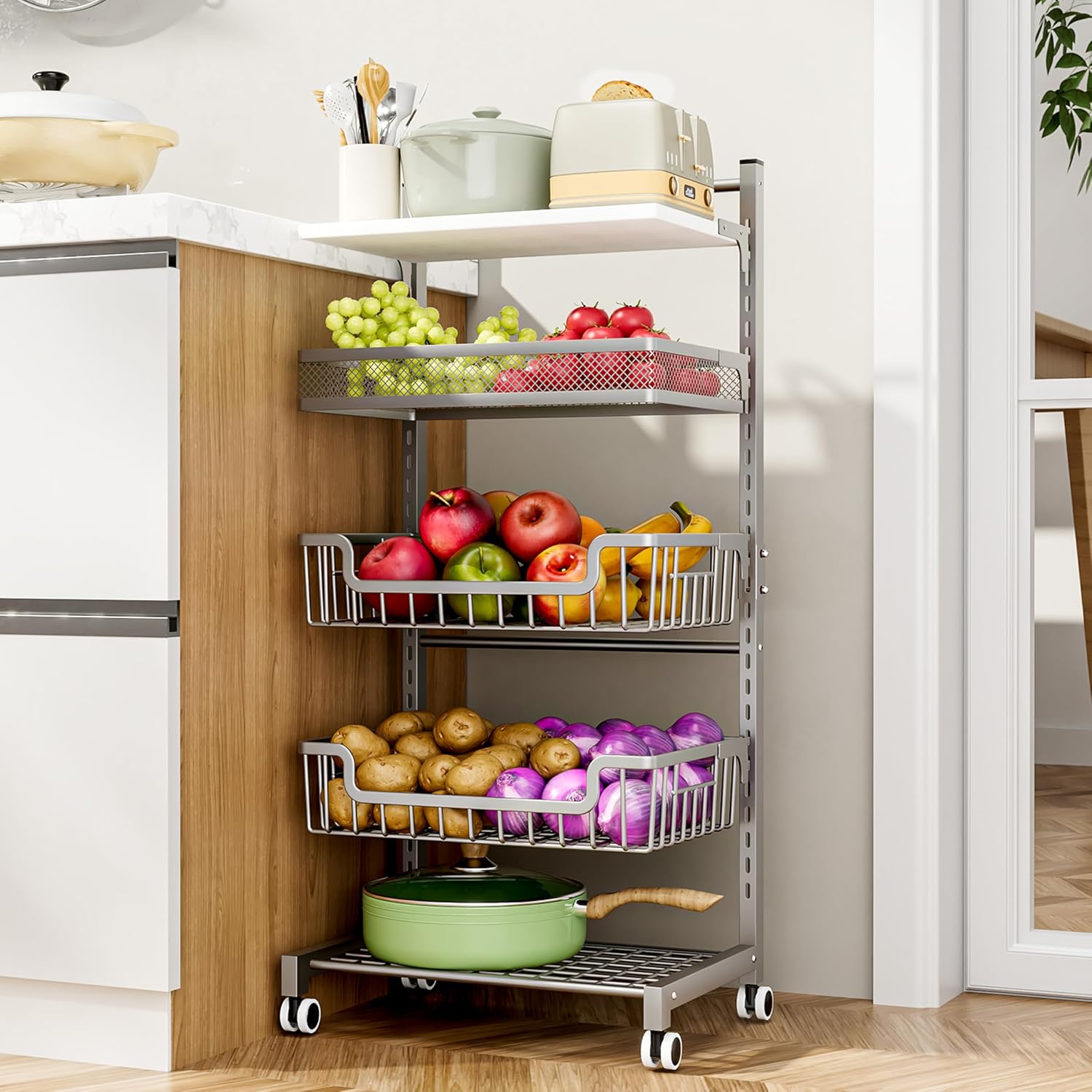 HapiRm Fruit Basket Kitchen Cart - 5 Tier Adjustable Vegetable Storage Rack, Large Capacity Rolling Kitchen Carts on Wheels for Snack Onion and Potato Storage