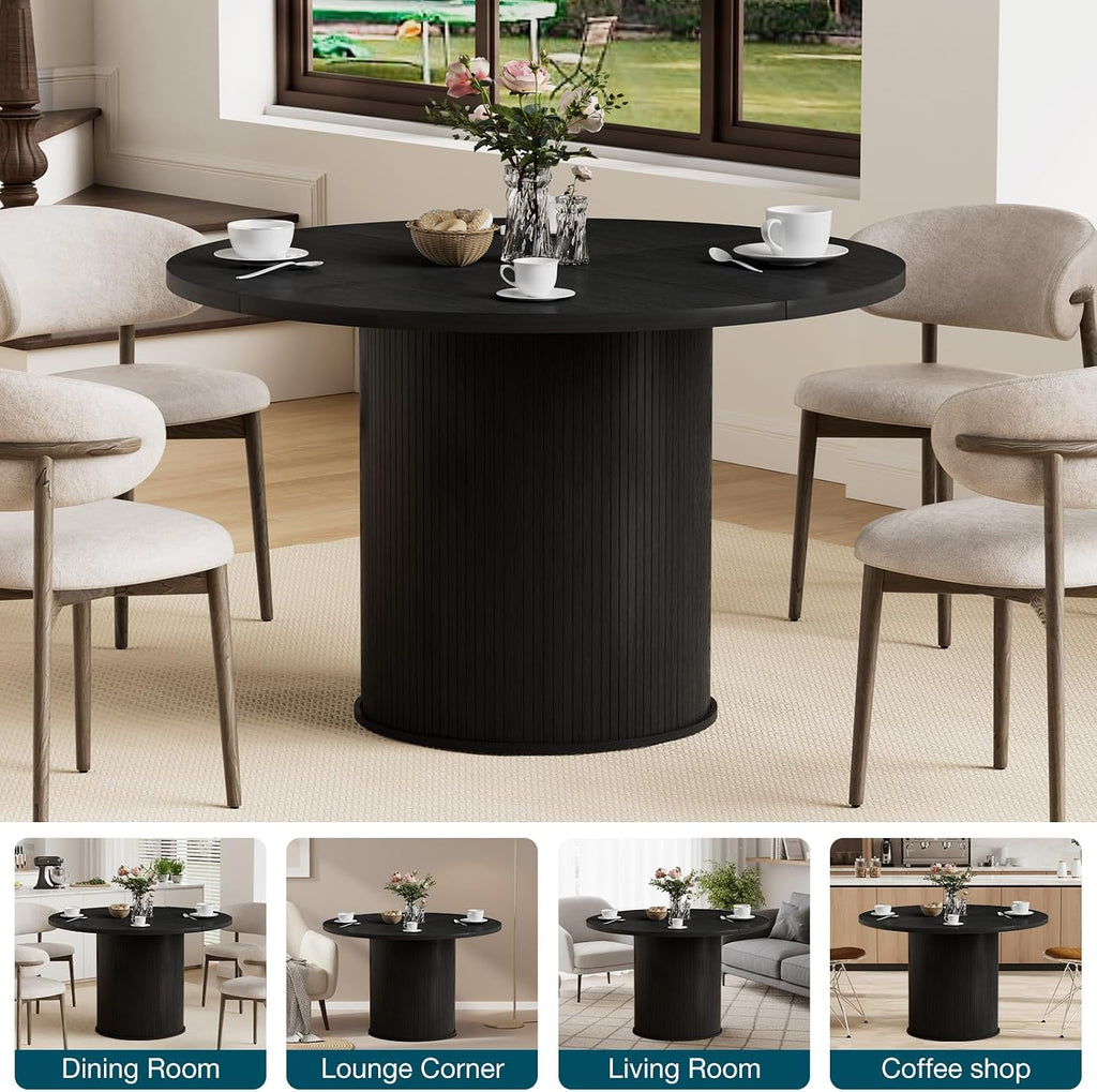 HOMMPA 48'' Round Dining Table for 4-6 Kitchen Table Circle Dinner Table with Wood Strip Base for Kitchen Dining Living Room Black