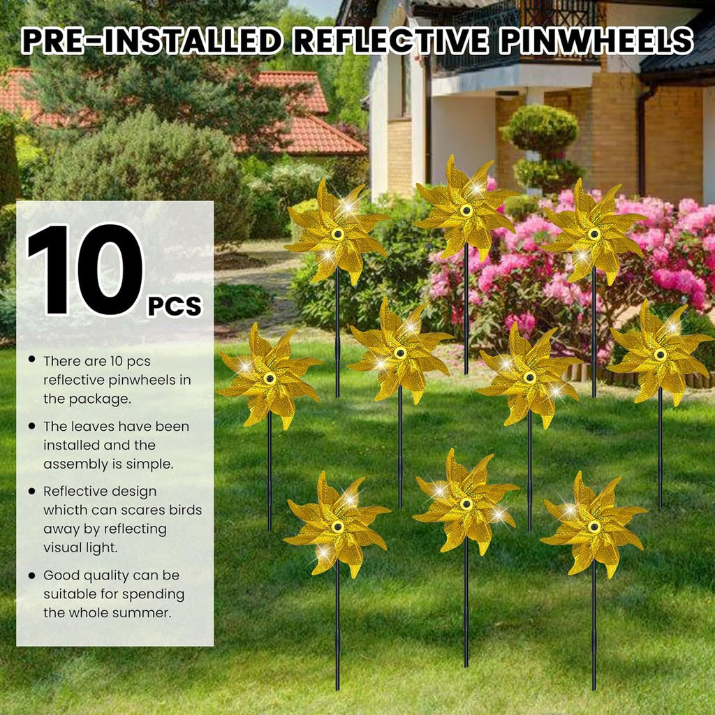10 PCS Reflective Pinwheels for Yard and Garden Bird Devices Pre-Installed Sparkly Wind Spinner Deterrent to Scare Birds Away from Yard Patio Farm (Yellow)