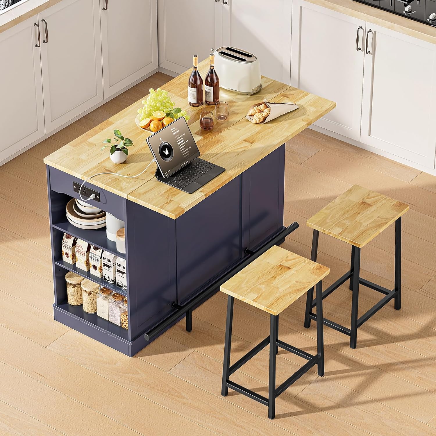 ONBRILL 47" Kitchen Island with Trash Can Storage, Include 2 Chairs, Blue | Stationary Island Table with Drop Leaf & Power Outlet, 3-Tier Spice Rack & Storage Cabinet with Adjustable Shelf