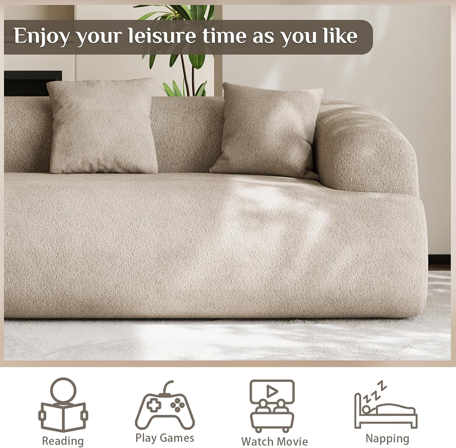 91" Couch,Cloud Couch,Chenille Curved Sofa with 3 Seater and 3 Pillows, Modern Compression Sofa for Living Room, Bedroom and Apartment, No Assembly Required, Light Brown