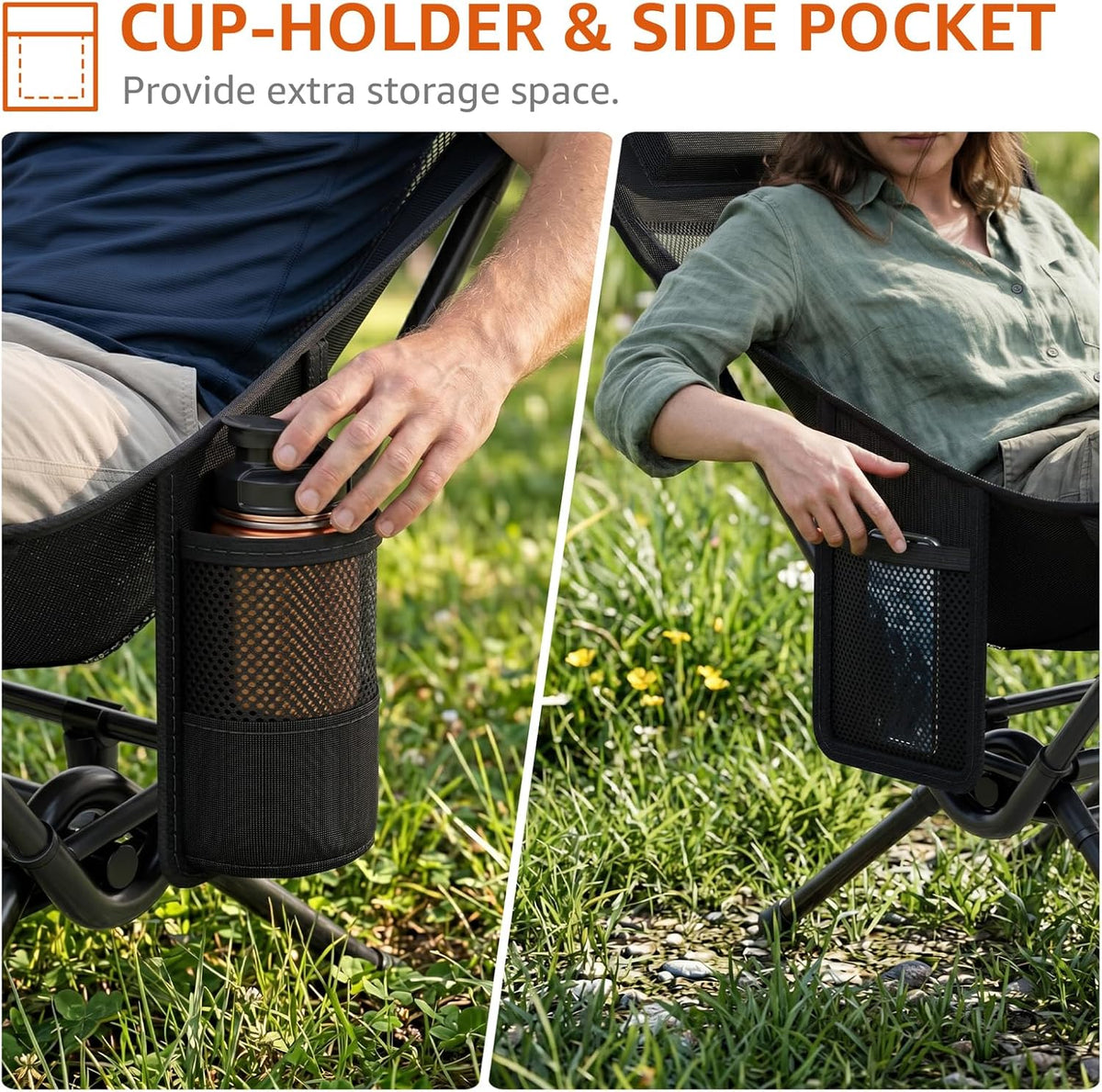 Armless Rocking Camping Chair for Adults, Portable Folding Outdoor Rocker with Spring-Action Technology, Heavy Duty Mesh Camp Chair for Fishing, Tailgating & Picnic, Supports up to 500 lbs, Black