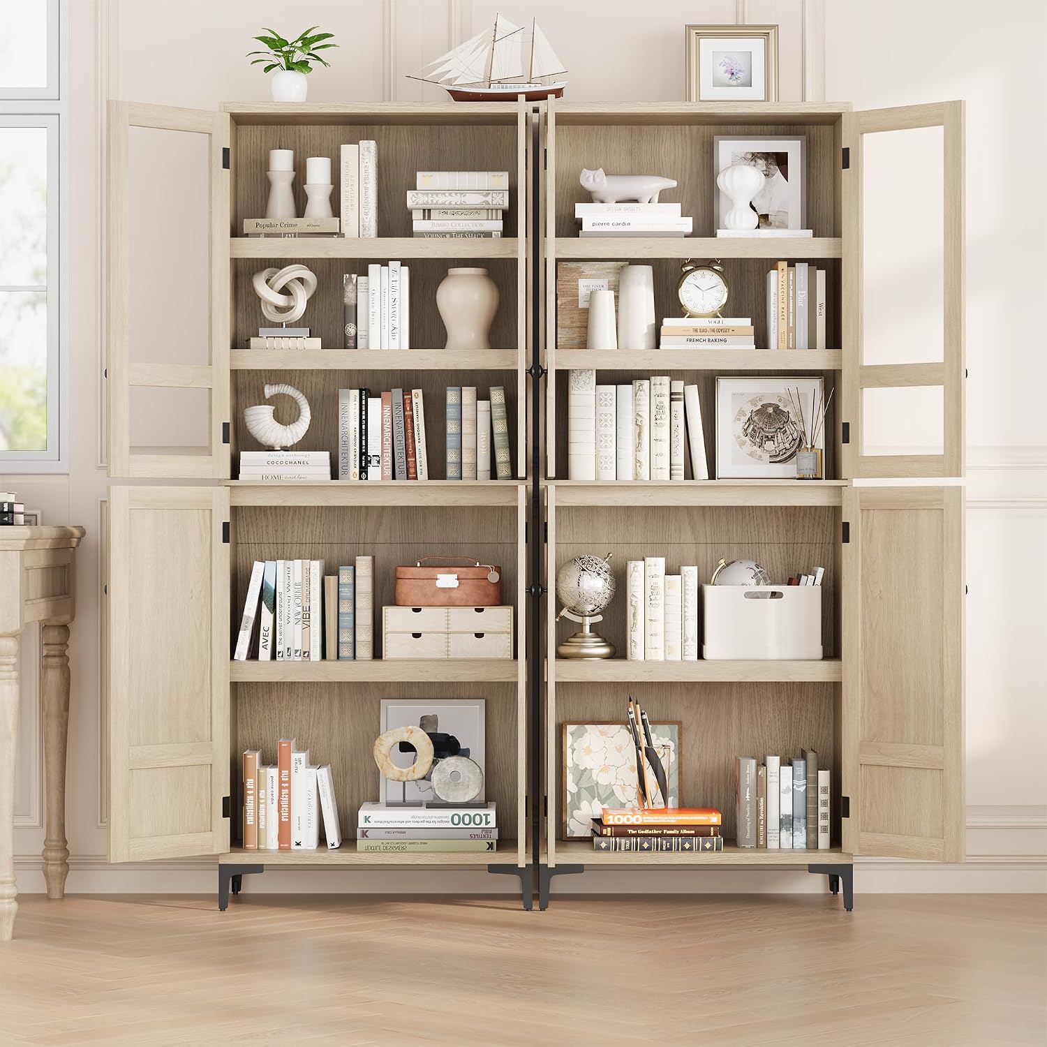GarveeHome 71 in Tall Storage Cabinet, Kitchen Pantry Cabinet 5 Tier Bathroom Cabinet with 4 Doors Adjustable Shelves for Kitchen, Dining Room, Bathroom (Pear Wood, Glass with 4 Doors)