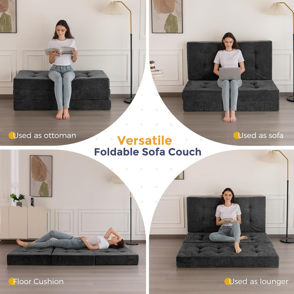 MAXYOYO 6" Folding Sofa Bed for Floor, Tufted Tri-Fold Floor Mattress with Chenille Fabric, Full Size Portable Sofa Couch Guest Mat for Adults, Foldable Topper for Camping, Dark Grey, 53"x75"