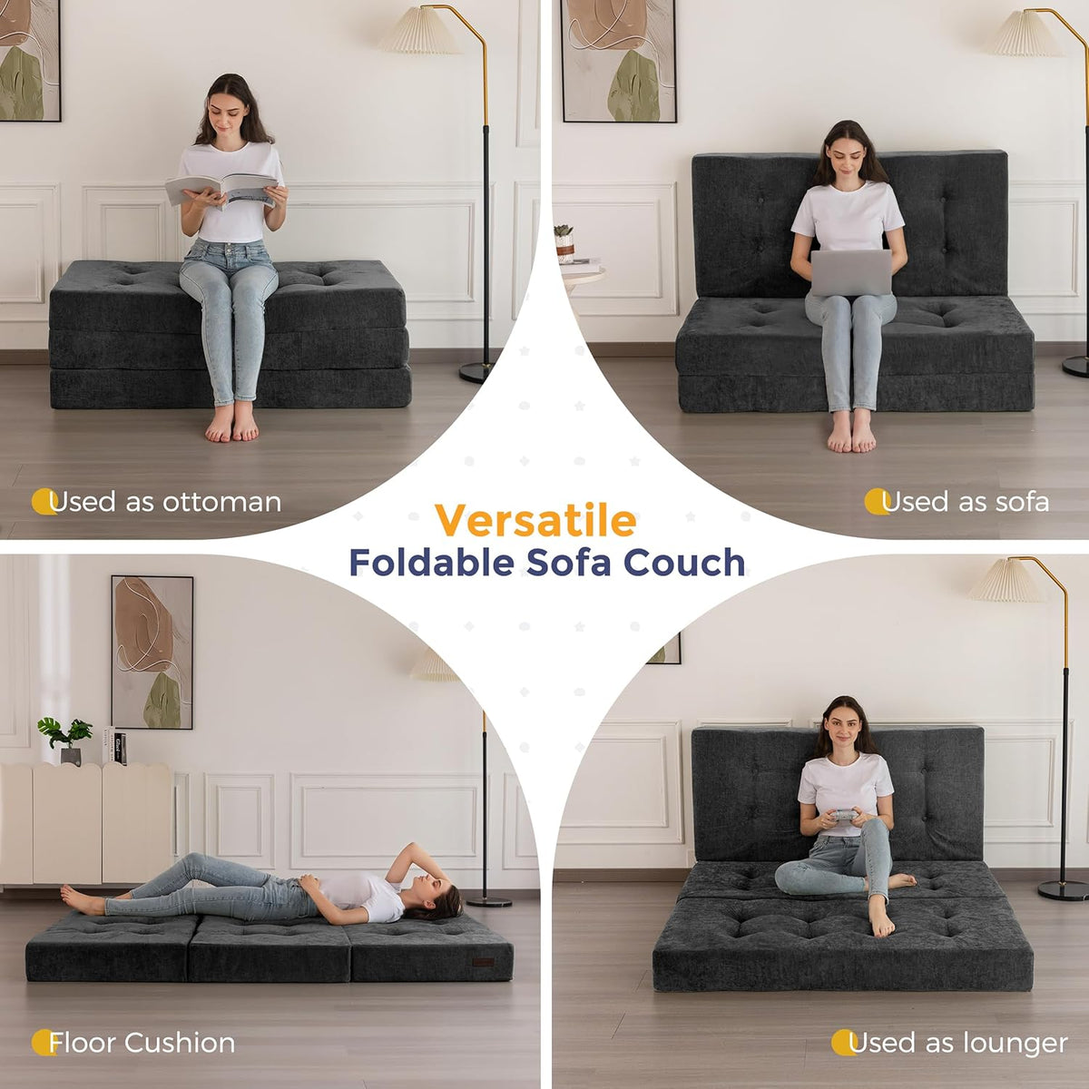 MAXYOYO 6" Folding Sofa Bed for Floor, Tufted Tri-Fold Floor Mattress with Chenille Fabric, Full Size Portable Sofa Couch Guest Mat for Adults, Foldable Topper for Camping, Dark Grey, 53"x75"