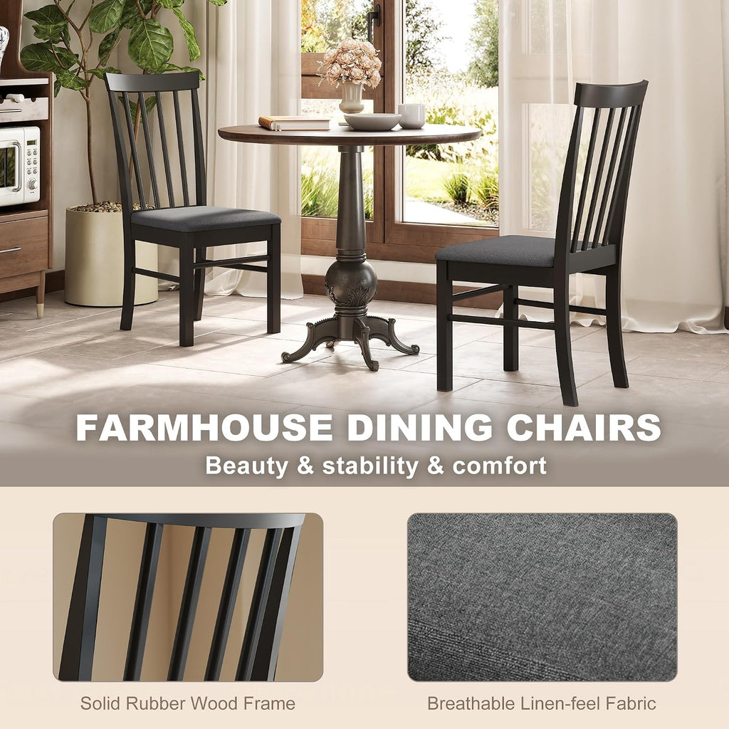 HOMCOM Wooden Dining Chairs Set of 2 Farmhouse Black and Gray | Upholstered Kitchen Chairs, Rubber Wood Frame, for Living Room, Dining Room