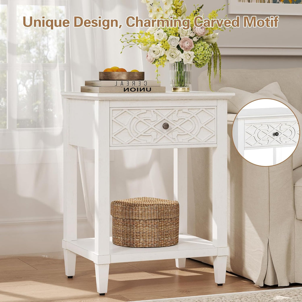 karlott 26" Farmhouse Night Stand with Pre-Assembled Drawers, Painted Bedside Table, Pine Leg and Solid Wood Frame Nightstand, Side Table End Table for Bedroom, Carved Pattern, Distressed White