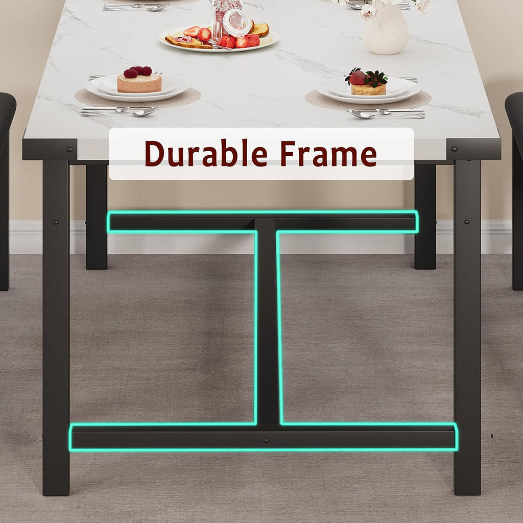 Garvee 63 in Extendable Dining Table Set for 4-6 People, 3-Piece Kitchen Table Set with 2 Upholstered Benches, Farmhouse Dining Room Table Set for Kitchen, Living Room, Apartment, Marble White