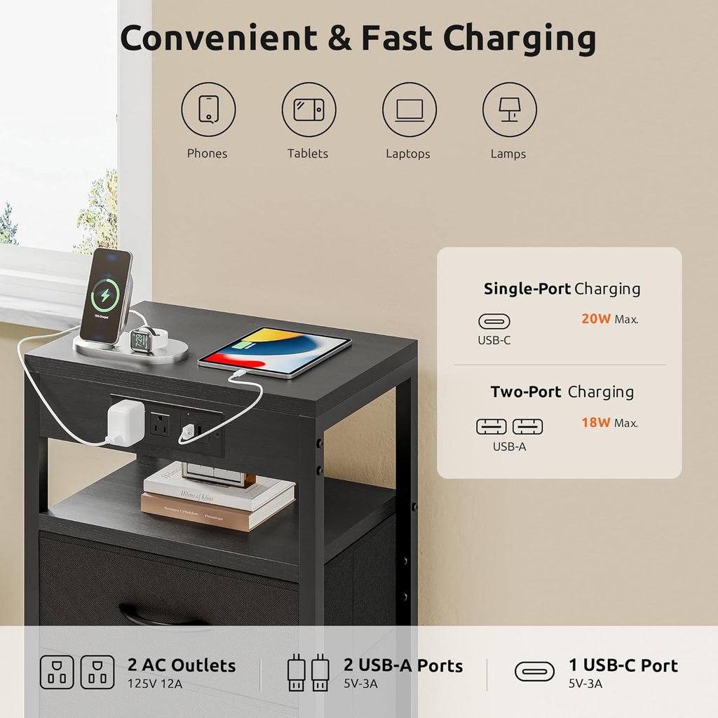Lazzanto Night Stand with Charger Station for Bedroom, Black Nightstand | Bedside Table, Open Shelf, 2 Fabric Drawers, Built in USB-A, USB-C Port & AC Outlets, For Dorm, Living Room, Bedroom