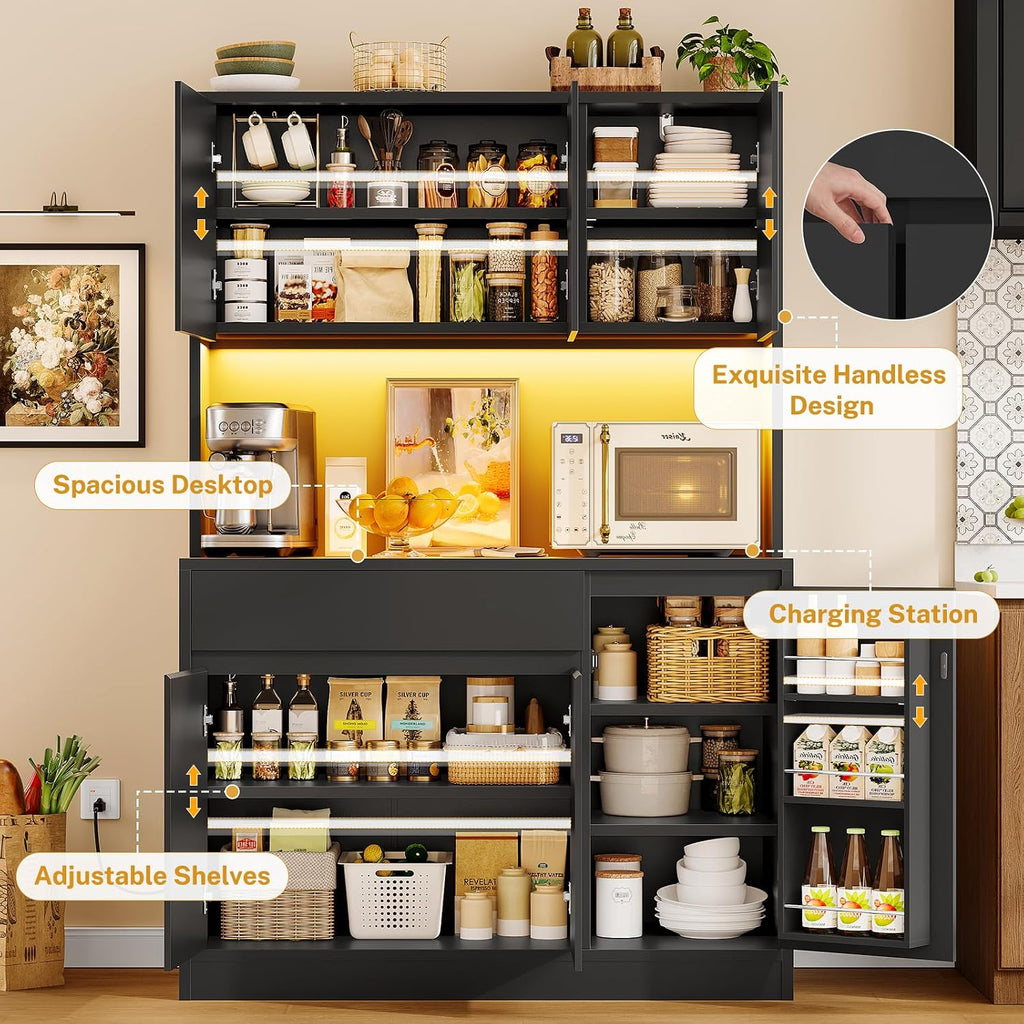 TEENFON Pantry Cabinet with Charging Station and LED Light, Kitchen Pantry Cabinet with Microwave Stand, Kitchen Storage Cabinets with Adjustable Shelves and Door Shelves for Dining Room, Black