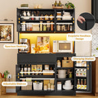 TEENFON Pantry Cabinet with Charging Station and LED Light, Kitchen Pantry Cabinet with Microwave Stand, Kitchen Storage Cabinets with Adjustable Shelves and Door Shelves for Dining Room, Black