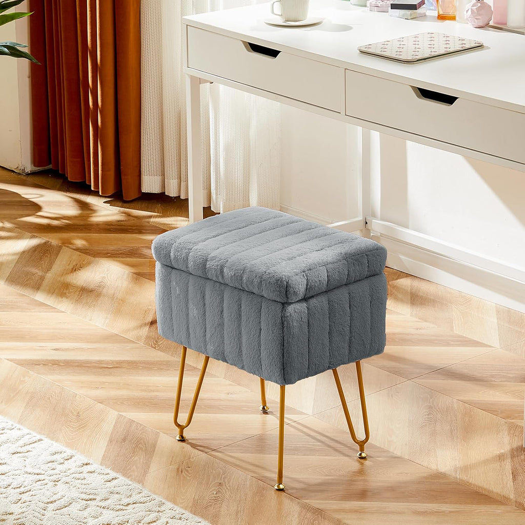 DUMOS Vanity Storage Ottoman Stool, Compact Faux Fur Footstool with Soft Seat, Modern Cute with 4 Metal Legs & Adjustable Feet for Bedroom, Living Room, Dressing Area & Dorm Grey