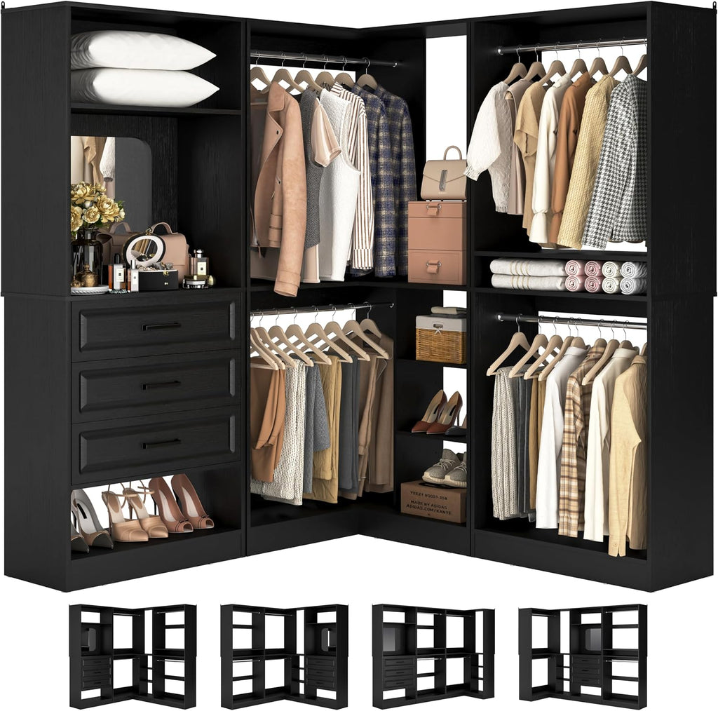 Unikito 86" Wood Modular Corner Closet System with Drawers & Mirror, Black | Freestanding wardrobe organizer with hanging rods and adjustable shelves, walk-in closet garment rack storage tower.