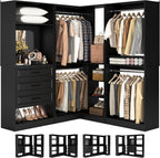 Unikito 86" Wood Modular Corner Closet System with Drawers & Mirror, Black | Freestanding wardrobe organizer with hanging rods and adjustable shelves, walk-in closet garment rack storage tower.