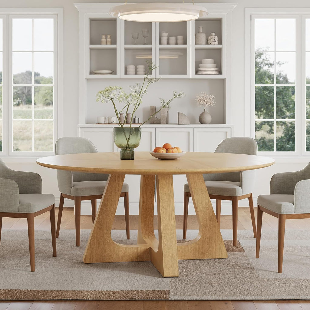 55.25" Round Dining Table for 4-6 People, Farmhouse Circle Kitchen Table with Geometric Base, Wooden Dinner Table for Dining Room Kitchen Living Room, Natural Oak