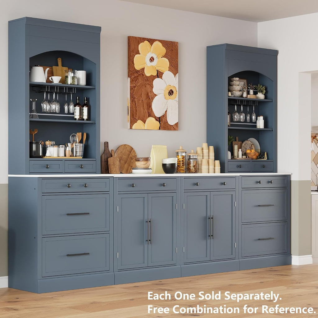 Modern 28.7x17.5x83.7 Inch Tall Kitchen Pantry Cabinet, Freestanding Hutch with Faux Marble Top, 5 Drawers & Adjustable Shelf, Glass Holders, Space-Saving Storage for Kitchen/Dining Room (1, Gray)