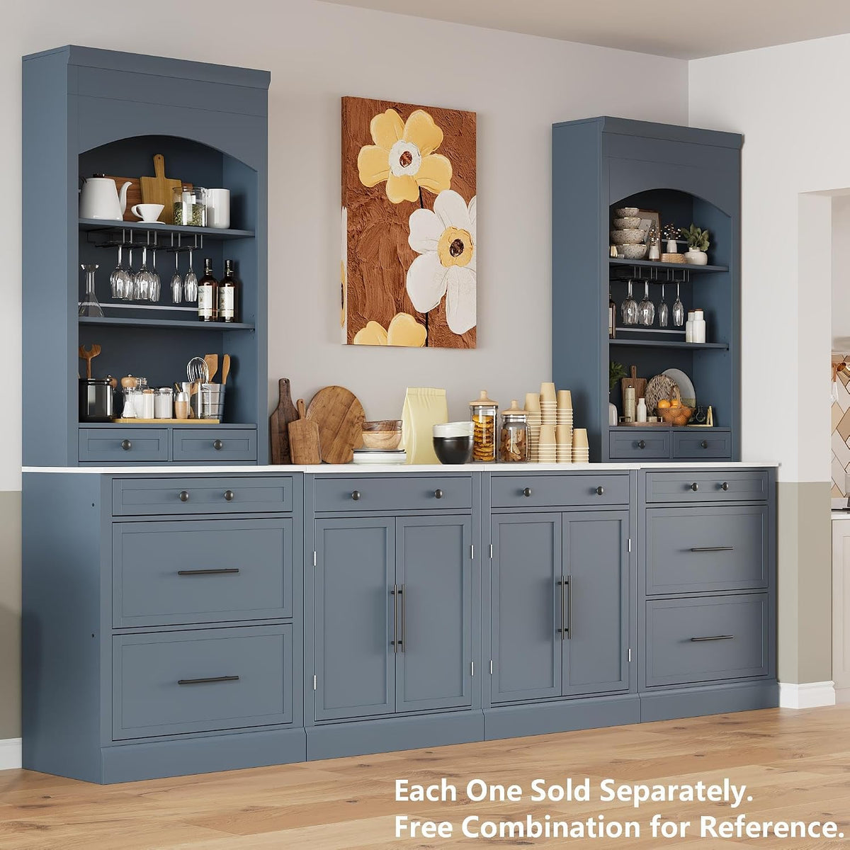 Modern 28.7x17.5x83.7 Inch Tall Kitchen Pantry Cabinet, Freestanding Hutch with Faux Marble Top, 5 Drawers & Adjustable Shelf, Glass Holders, Space-Saving Storage for Kitchen/Dining Room (1, Gray)