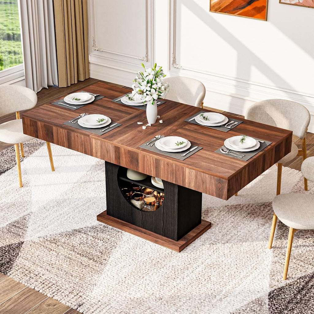 55" Dining Table for 4 to 6 People, Farmhouse Wood Dinner Table with Drawers & Open Storage for Kitchen, Dining Room & Living Room (Walnut & Black)
