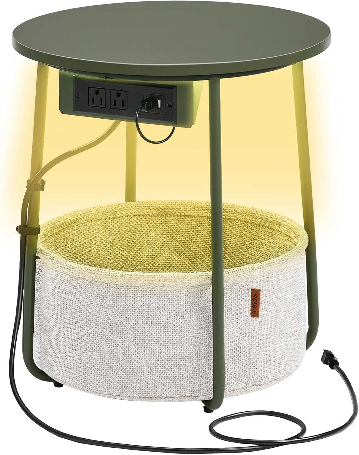 VASAGLE LILEA Collection - Side Table with Charging Station, Round End Table with Fabric Basket, LED Nightstand with USB Ports, Modern, for Living Room, Forest Green and Cream White ULET227C01