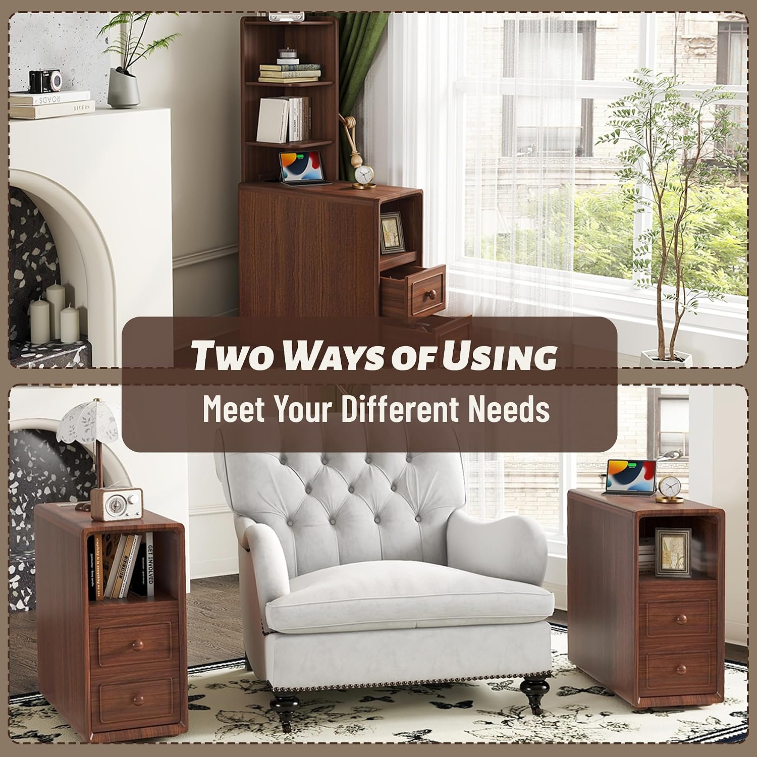 Walnut Corner Tables with Drawers & Open Shelves, Tall & Bedside Nightstands with Charging Station for Living Room & Bedroom