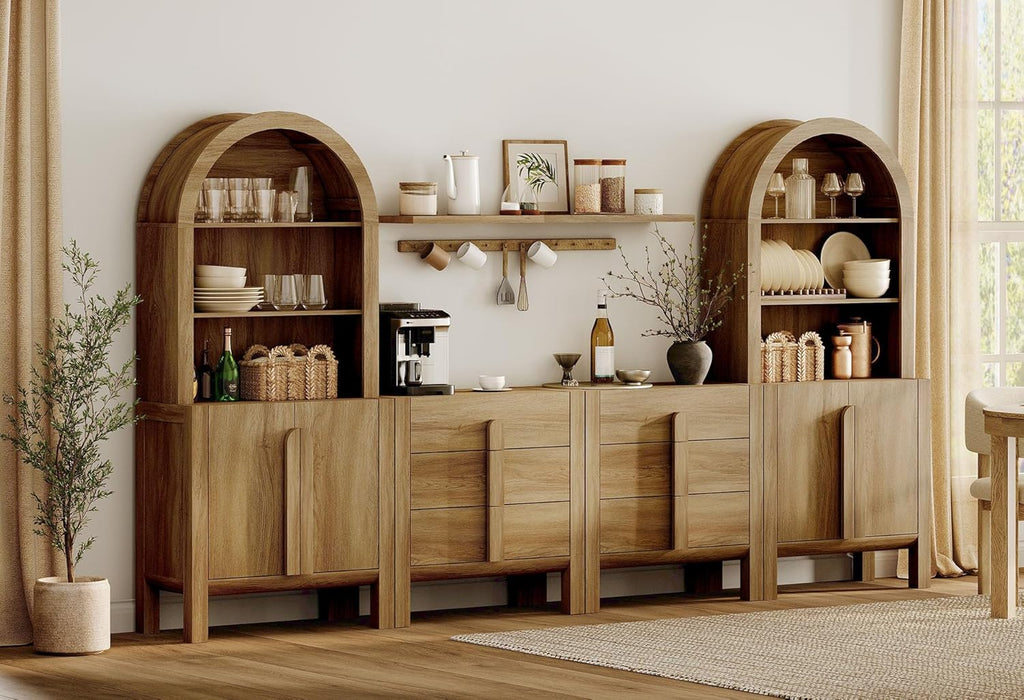 WAMPAT 6 in 1 71" Arched Bookcase with Doors, Walnut
