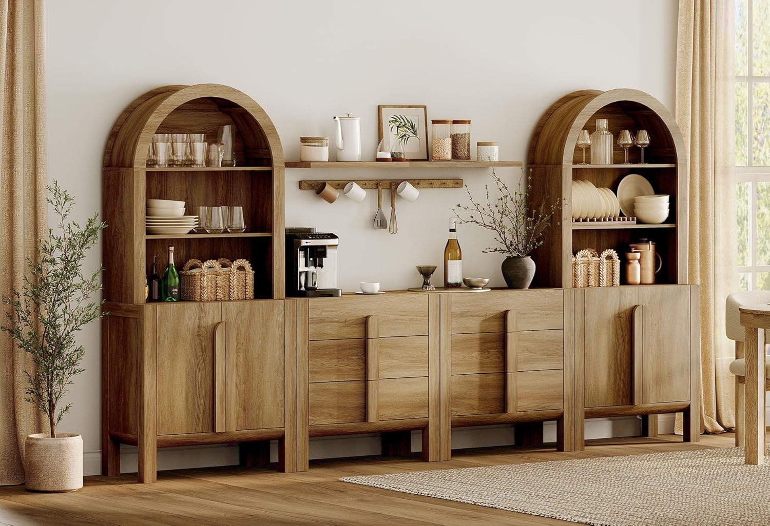 WAMPAT 6 in 1 71" Arched Bookcase with Doors, Walnut