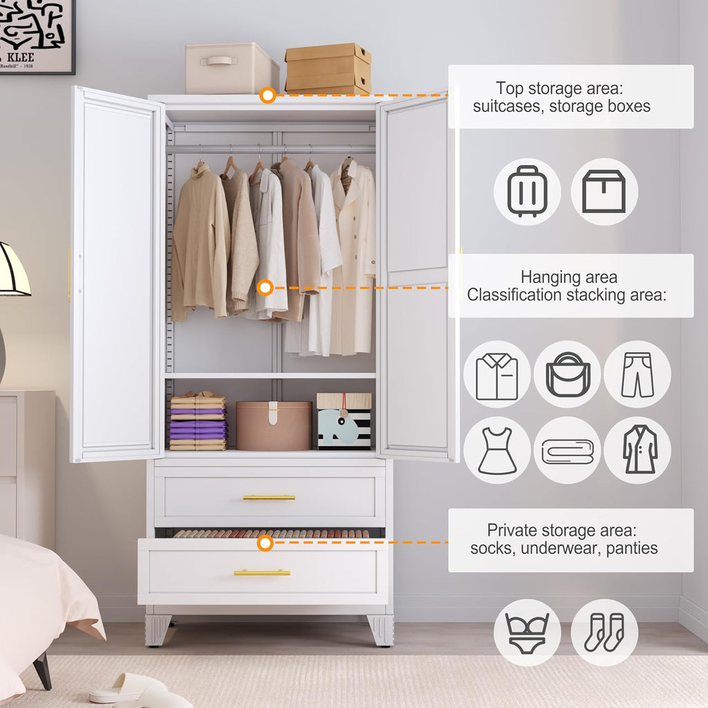 RIETERN Metal Armoire Wardrobe Closet, 71" Tall Bedroom Closet with Mirror | 2 Drawers, Adjustable Shelves, and Hanging Rod, Steel clothes closets and Storage, for Bedroom White