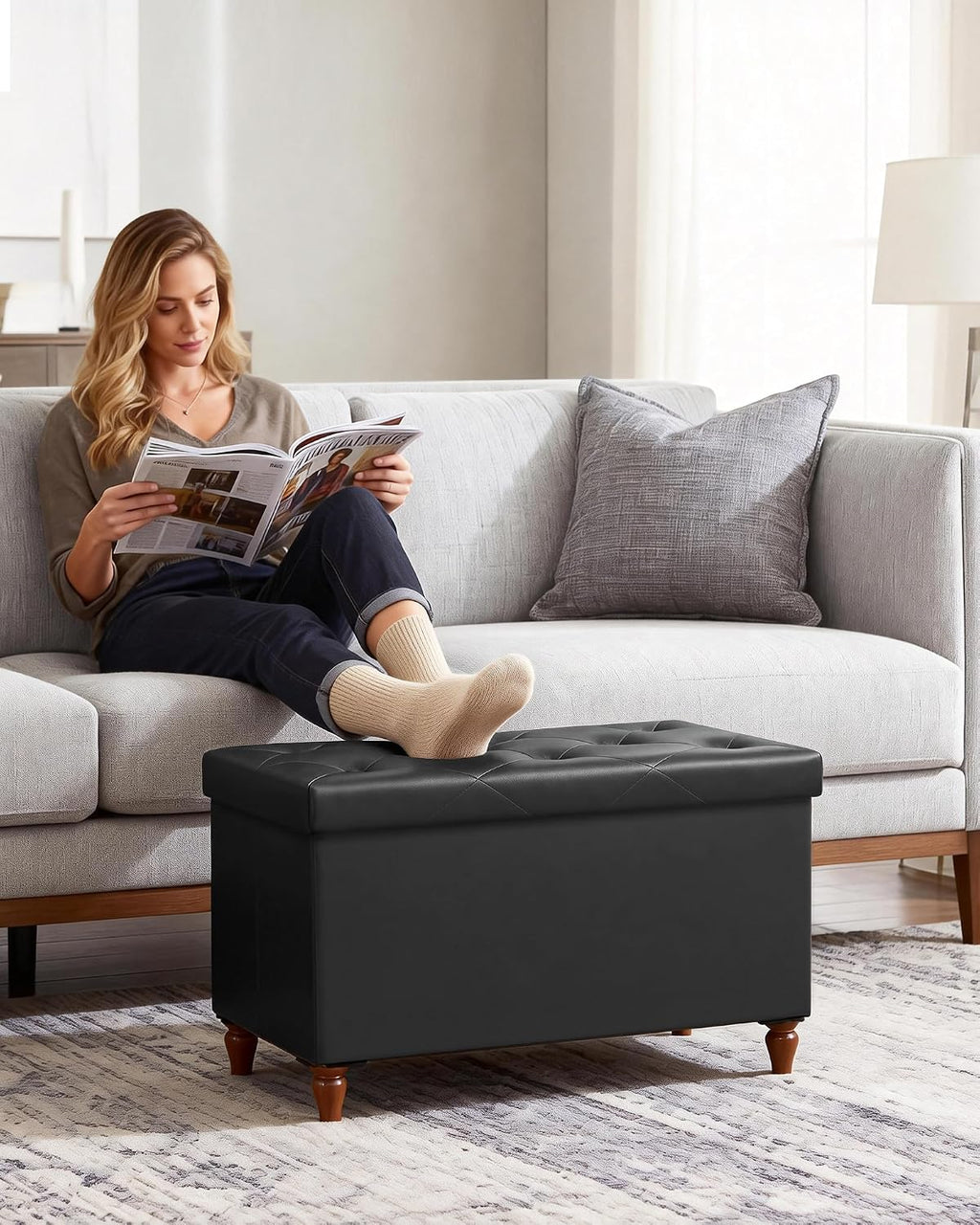 GLAXYFUR 30 Inches Ottoman with Storage, Folding Bench with Legs, Black | Faux Leather Foot Rest, Storage Chest for Living Room, Bedroom and Hallway, Upgrade Large Capacity