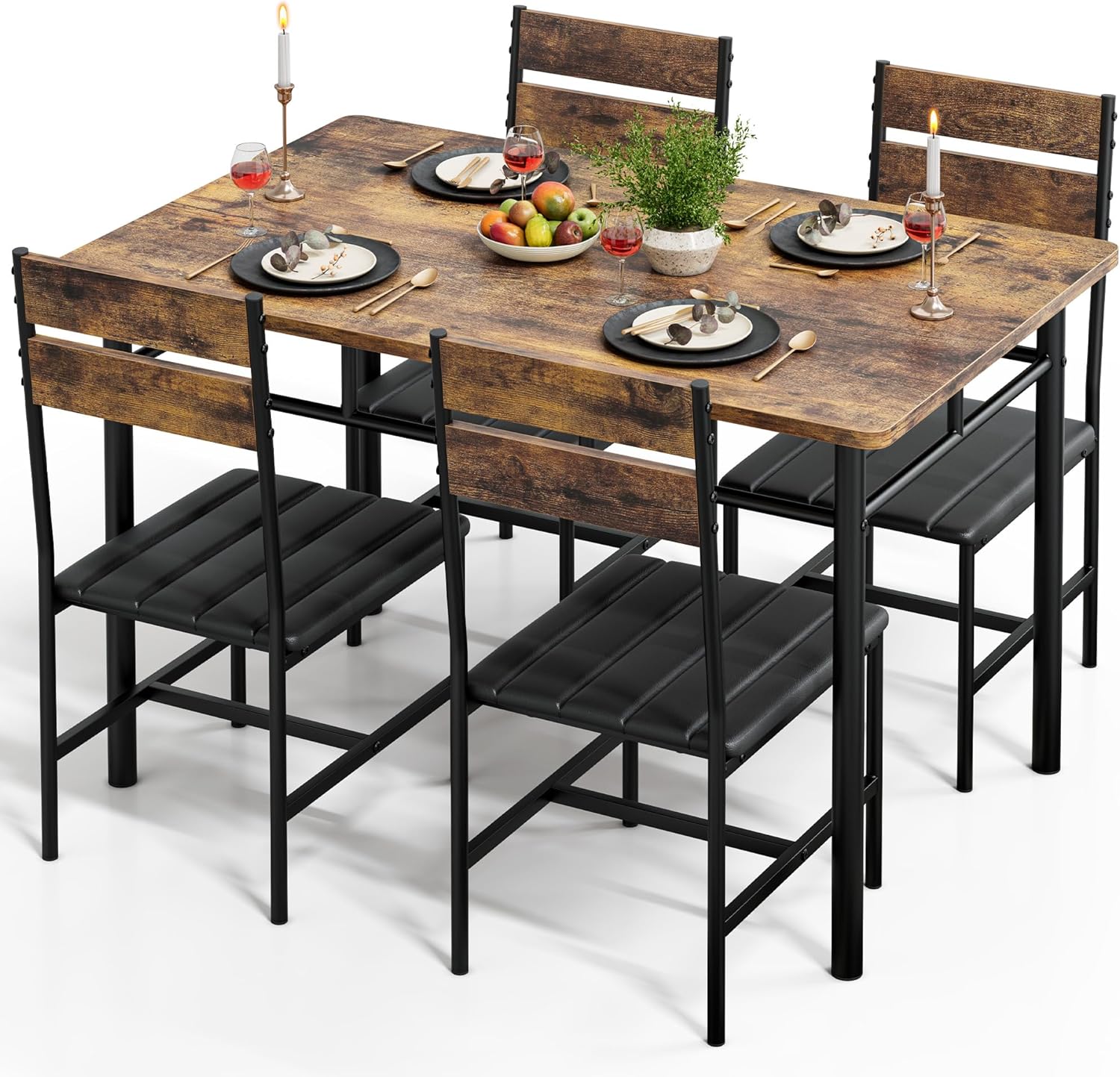 Dining Table Set for 4, Kitchen Table and Chairs for 4, Kitchen Table with 4 PU Leather Upholstered Dining Room Chairs for Kitchen Room and Small Spaces, Rustic Brown