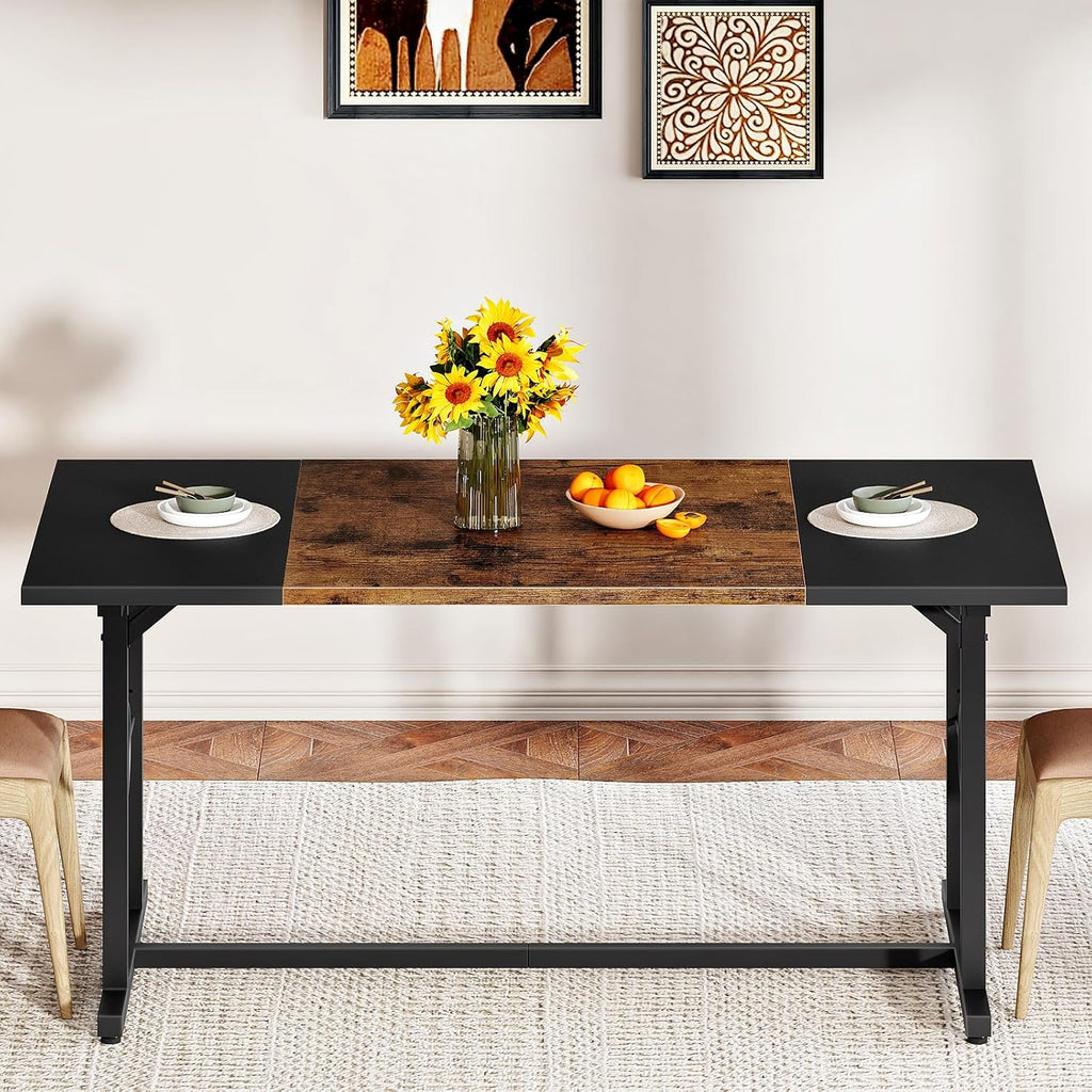 HOOBRO Dining Table, Wooden Kitchen Table for 4-6, Rectangular Dining Room Table with Sturdy Metal Legs, Long Dinner Tables with Large Tabletop for Living Room Kitchen, Rustic Brown and Black BF20CZ01
