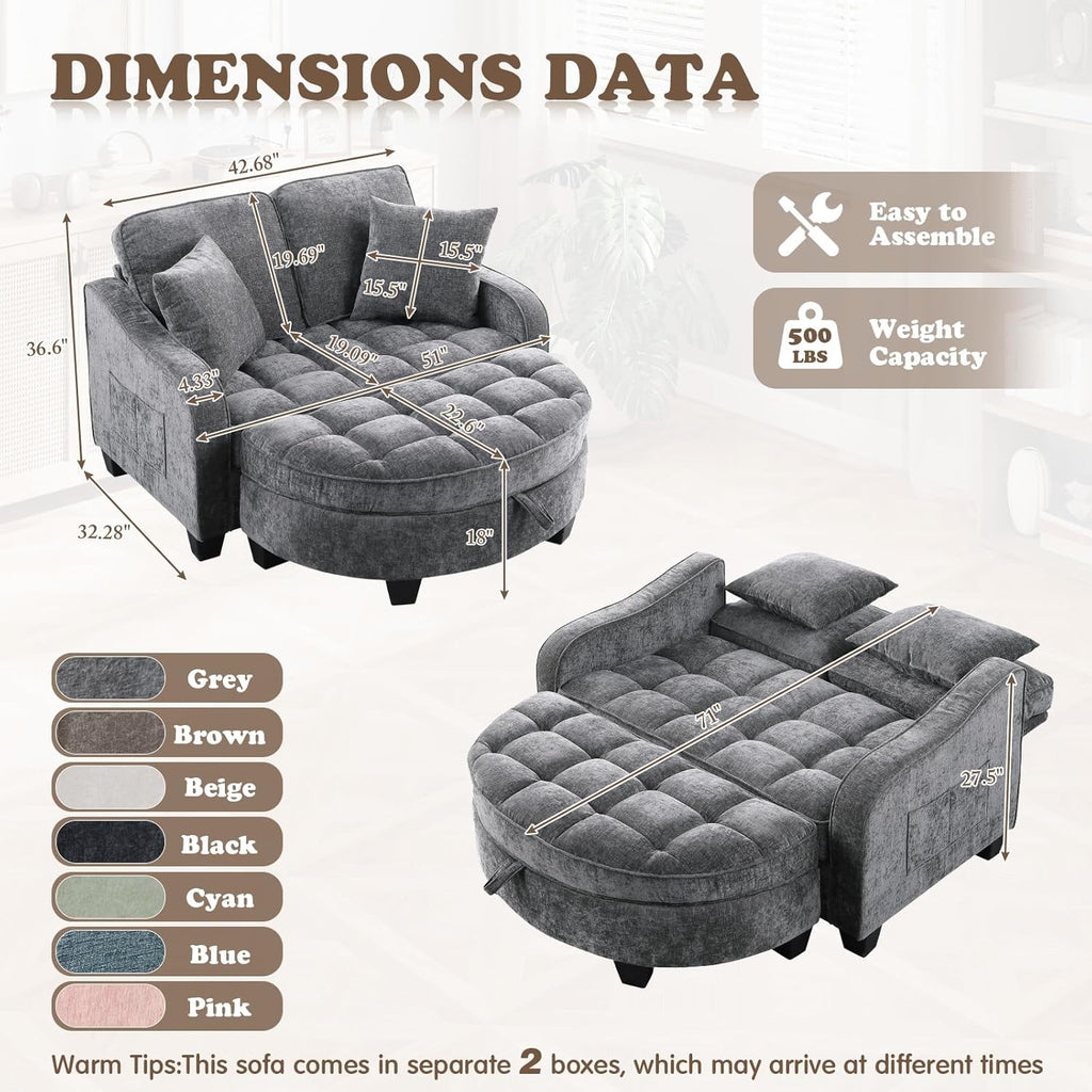 Oversized Chaise Lounge Chair Indoor with Ottoman, Chenille Tufted Comfy Loveseat Sofa Chair with Adjustable Backrest, Fluffy Recliner Sofa, Convertible Couch Sleeper Bed for Living Room(51"W, Grey)