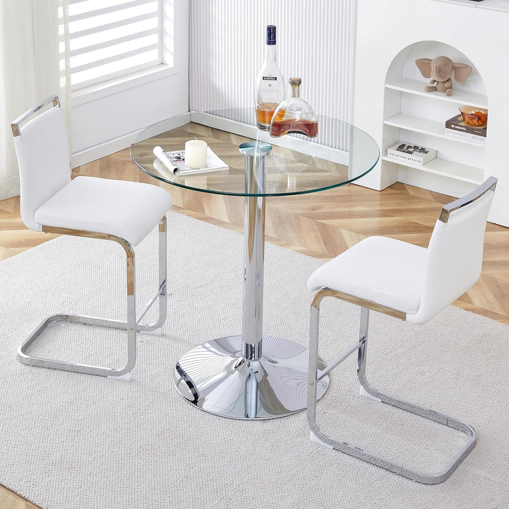 3 Pecies Round Glass Dining Table Set for 2, Small Circle Kitchen Table with Metal Base and White Upholstered Seat High Back PU Leather Chairs, Modern Dining Table and Chairs for livingroom