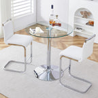3 Pecies Round Glass Dining Table Set for 2, Small Circle Kitchen Table with Metal Base and White Upholstered Seat High Back PU Leather Chairs, Modern Dining Table and Chairs for livingroom