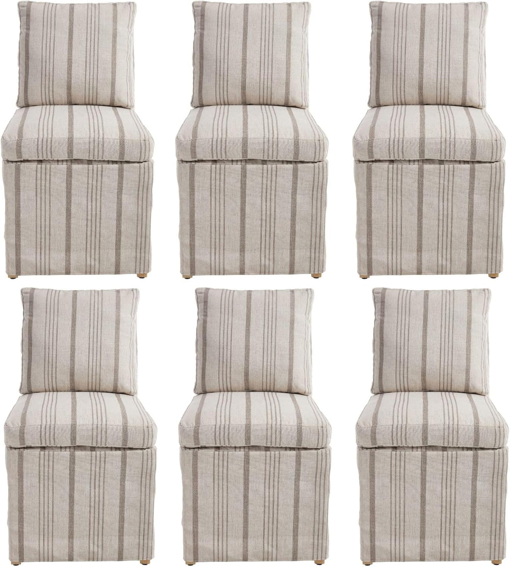 Upholstered Dining Chairs Set of 6 Slipcovered Armless Dining Chair with Solid Wood Legs, Soft Padded Upholstered Side Chair for Dining/Living/Readin Room, Banquet, Khaki Stripe