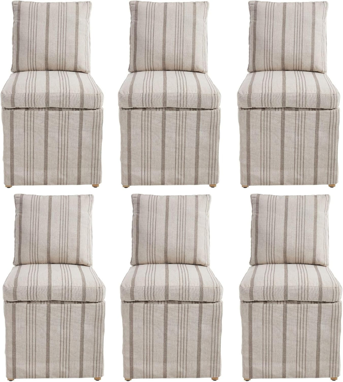 Upholstered Dining Chairs Set of 6 Slipcovered Armless Dining Chair with Solid Wood Legs, Soft Padded Upholstered Side Chair for Dining/Living/Readin Room, Banquet, Khaki Stripe