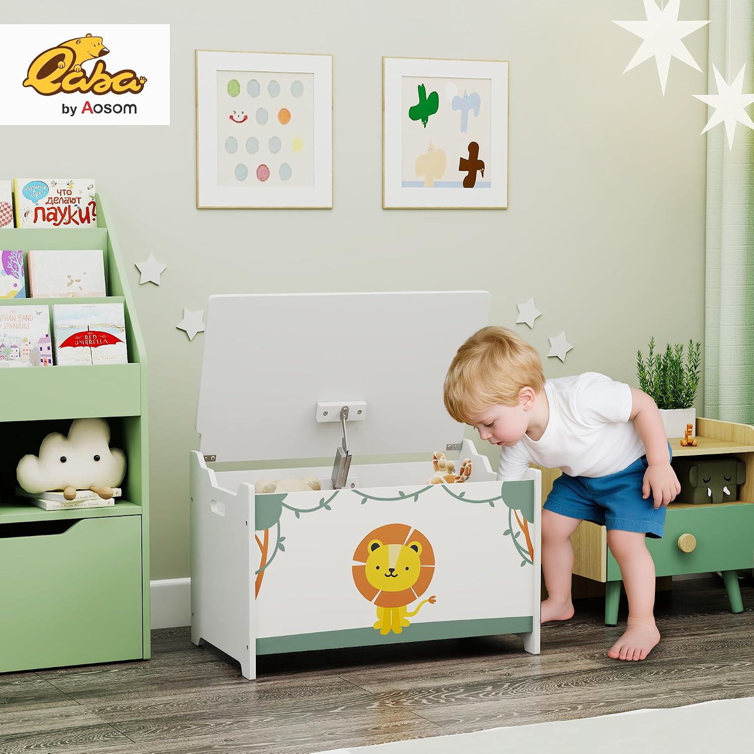 Qaba Toy Box with Lid Safety Hinges for Kids 24" L x 15" W x 15" H Green | Toy Chest, for Boys Girls, Storage Organizer, Living Room, Playroom, Nursery, Bedroom