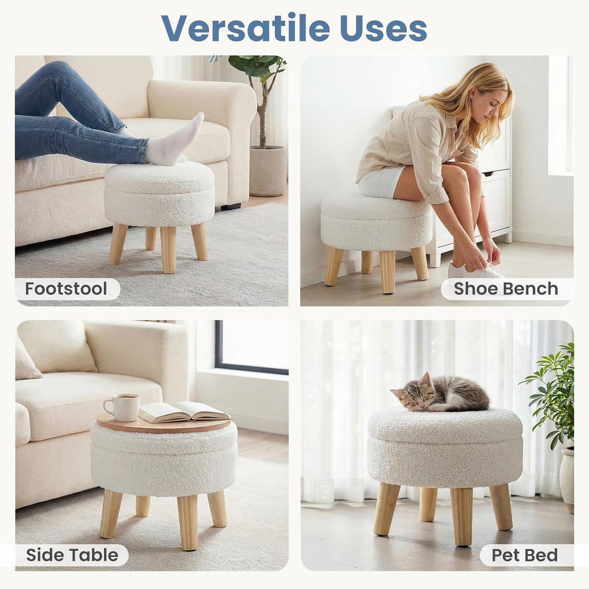 DUMOS Round Storage Ottoman Foot Rest, Compact Boucle Upholstered Footstool with Hidden Storage, Padded Seat, Small Coffee Table for Living Room, Bedroom, Beige
