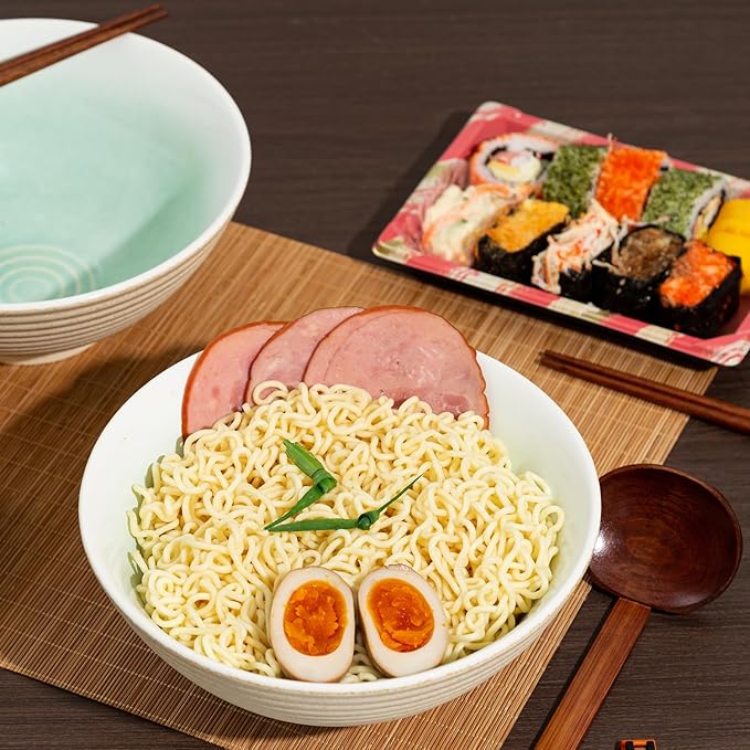 8 Inch Ceramic Ramen Bowl Set of 2, 40oz Japanese Bowls with Spoons & Chopsticks,Durable,Microwave & Dishwasher Safe,Perfect for Ramen,Pho,Salad,Soup,Noodles，Mixing bowls（Cyan Sea）
