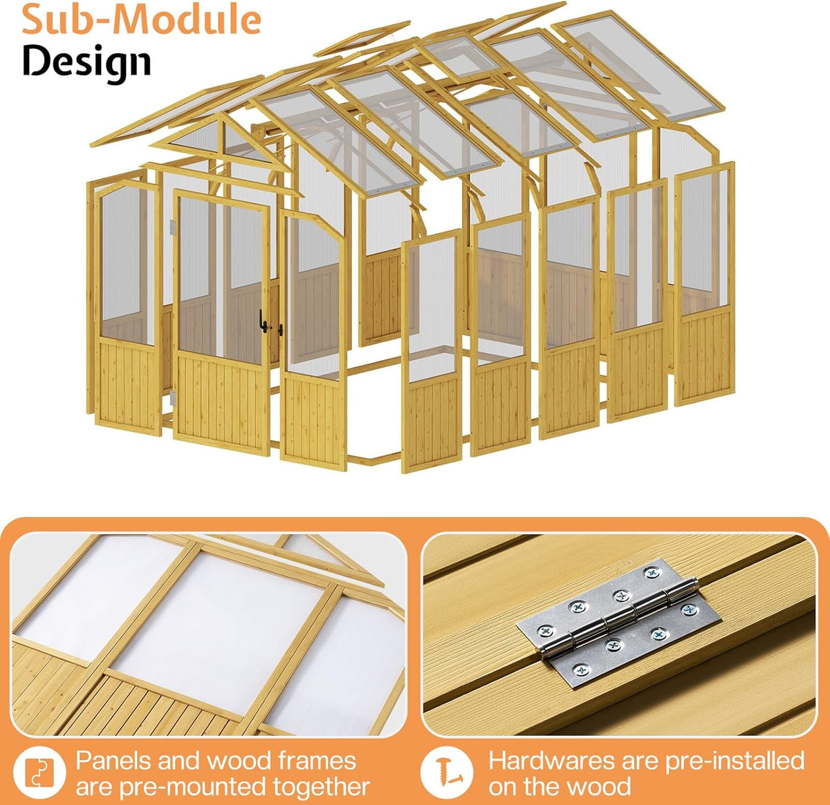 Jocisland 6x8x6.5 Ft Wooden Greenhouse, Pre-Assembled Solid Cedar Frame, Walk-in Design, Lockable Door, Adjustable Roof Vents, Polycarbonate Panels for Outdoor, Garden, Backyard