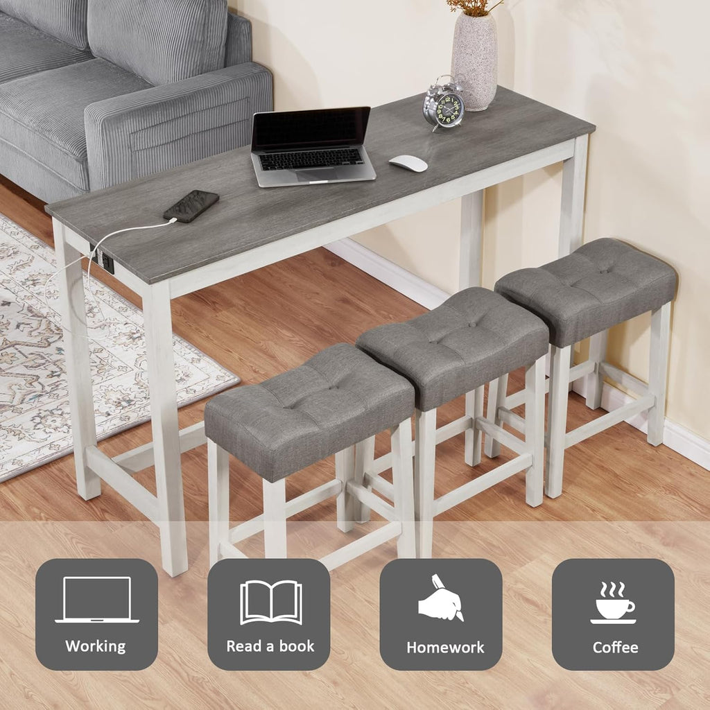 59'' Dining Bar Table and Chairs Set with Power Outlet, 4-Piece Industrial Breakfast Table Set with 3 Padded Stools, Wood Console Table Set for Kitchen Living Room Dining Room, White Grey