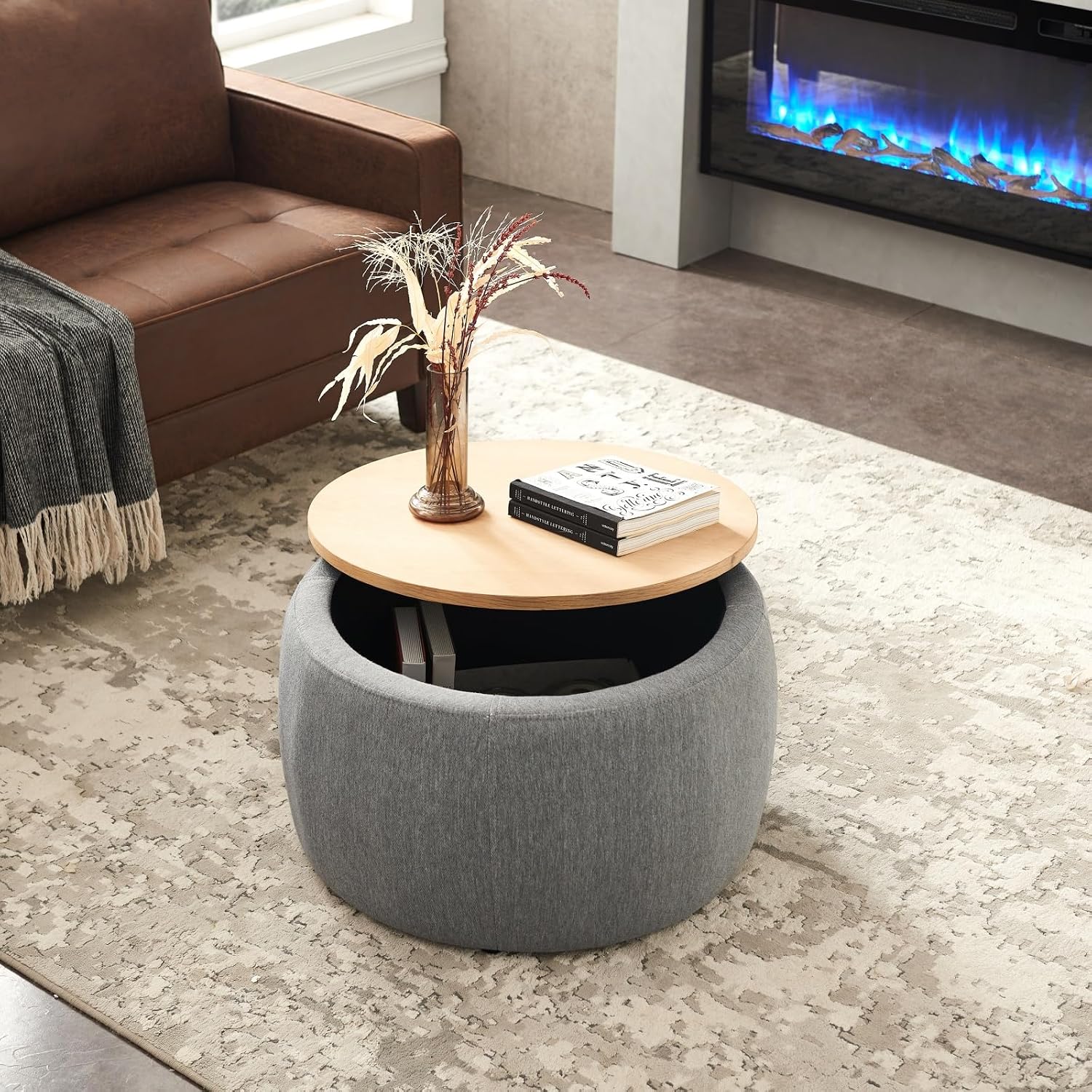 Round Storage Ottoman, 2 in 1 Function, Work as End Table and Ottoman, Dark Grey (25.5"x25.5"x14.5")