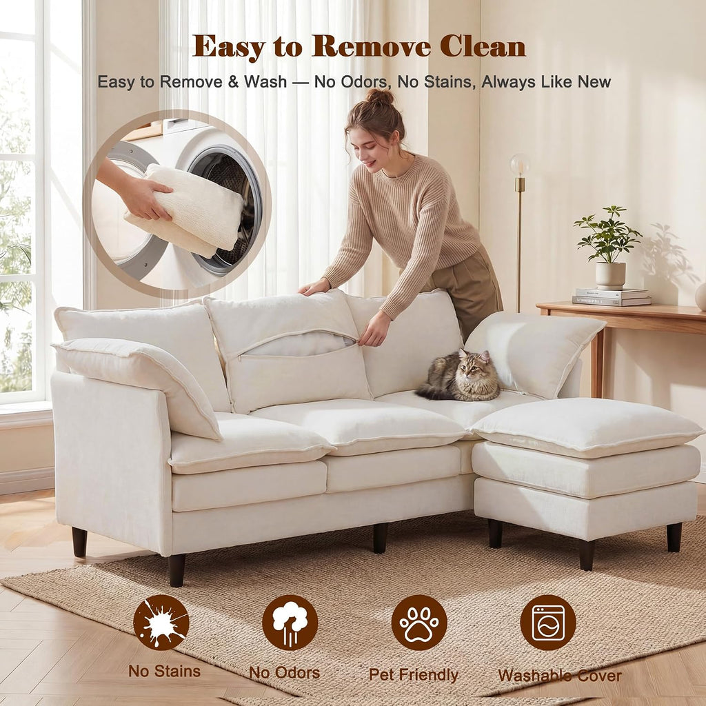 69" Couch Sofa L-Shape 3 Seat with Ottoman, Small Cloud Sofa Double-Layer Cushion 23" Deep Seat Washable Chenille Pillows Couches for Living Room Apartment Office 69-Beige-L