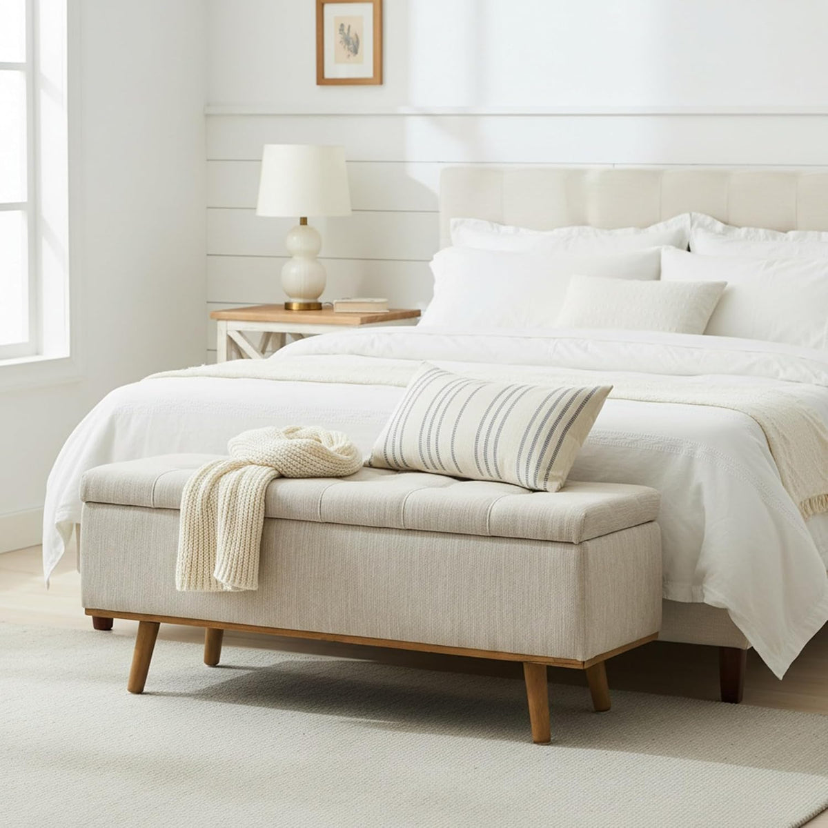 Storage Ottoman Bench, 45" End of Bed Bench, Beige | Hidden Storage Space, Linen Upholstery, Padded Cushion Top, Solid Wood Legs, 350 LBS Weight Capacity