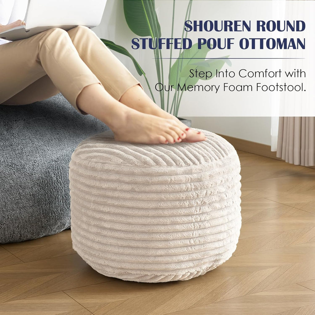 SHOUREN Stuffed Round Ottoman,Corduroy Pouf Ottoman Foot Rest with Foam Filling,Pouf Storage Ottoman Footstool for Living Room,18 X 14 Floor Poufs for Couch - 18 X 14 Inches,Beige