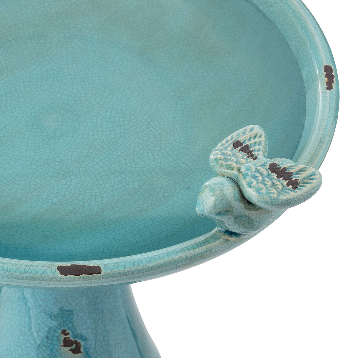 Alpine Corporation 25" Tall Outdoor Ceramic Antique Pedestal Birdbath with 2 Bird Figurines, Turquoise