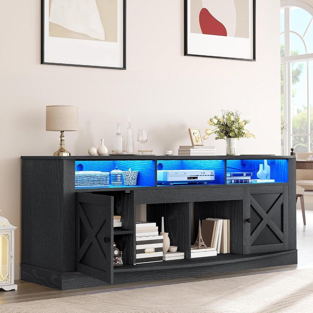 YITAHOME TV Stand with Curved Desktop for 75/80 Inch TVs, Black | Entertainment Center with LED Lights, Media Furniture TV Table with with Power Outlet, TV Consoles for Living Room