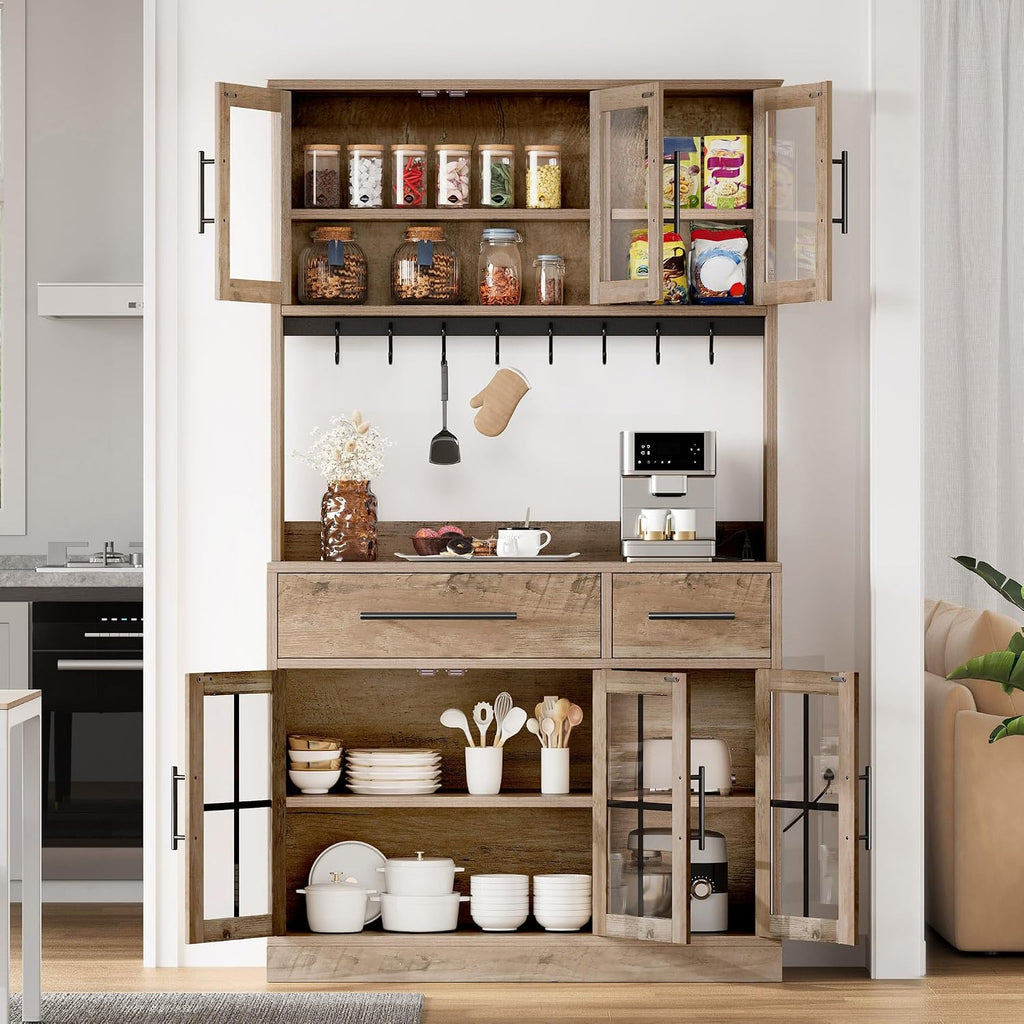 DWVO 71'' Tall Kitchen Pantry Storage Cabinet, Ivory Grey | Charge Station, Farmhouse Glass Display, Microwave Stand & Hooks & Drawers & Shelves, For Home Living Dining Room