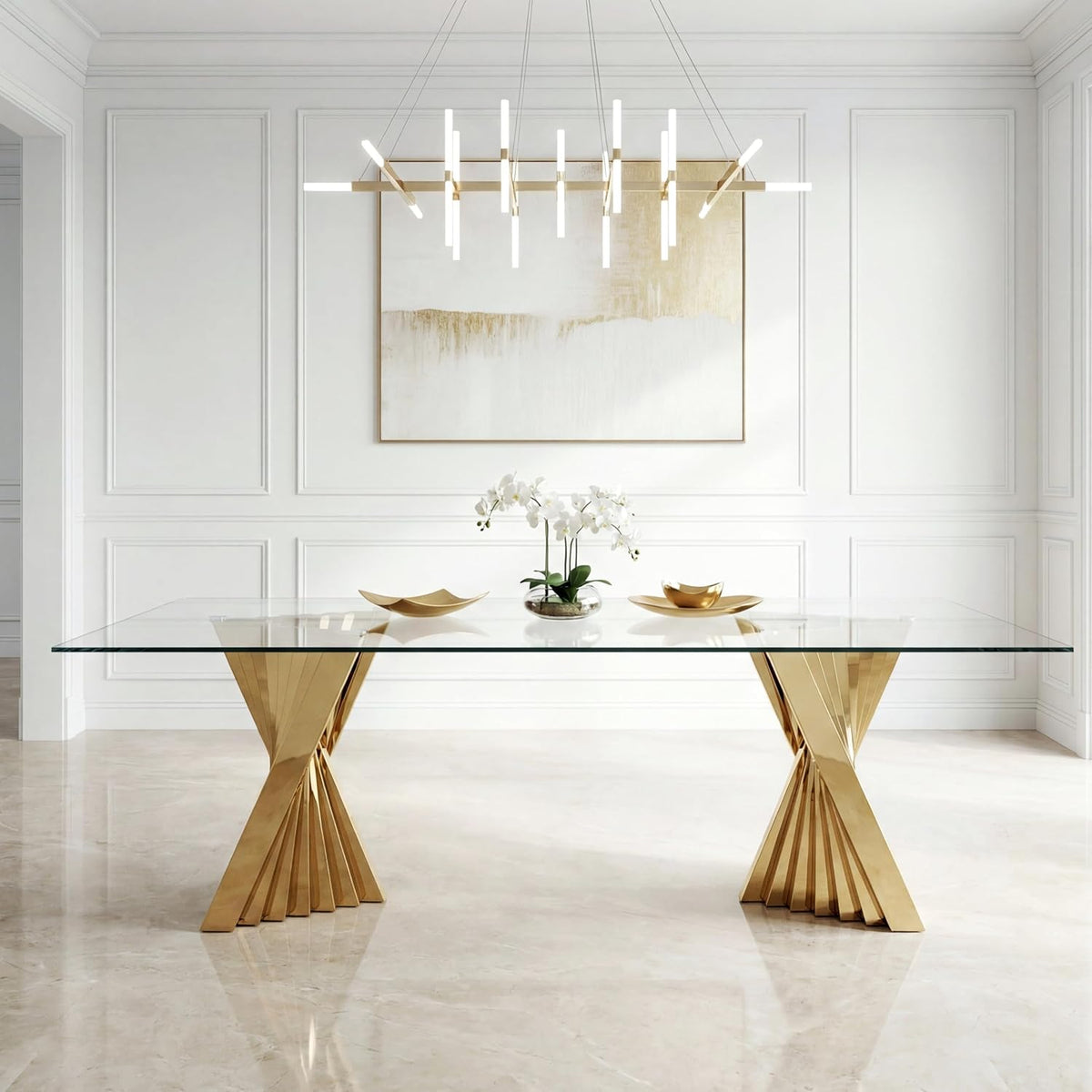 94" Modern Glass Gold Dining Table for 8-10, Luxury Kitchen Table with Tempered Glass Top & Mirror Finish Stainless Steel Base, Large Dinner Pedestal Tables for Home Banquet Hall Room, Only Table