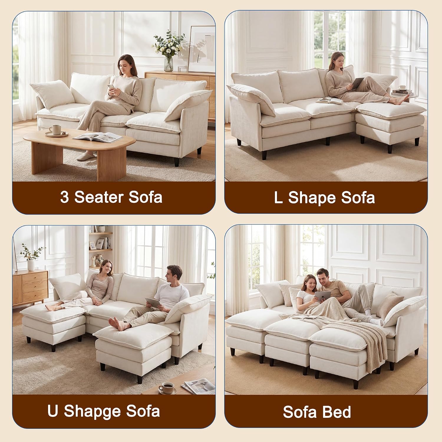 69" Couch Sofa L-Shape 3 Seat with Ottoman, Small Cloud Sofa Double-Layer Cushion 23" Deep Seat Washable Chenille Pillows Couches for Living Room Apartment Office 69-Beige-L