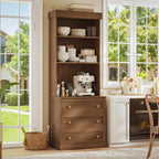 71" Farmhouse Kitchen Pantry Cabinet with Glass Doors & Drawers, Set of 3 – Dark Brown Freestanding Coffee Bar Hutch with Adjustable Shelves, Large Storage Cabinet with Microwave Stand for Kitchen